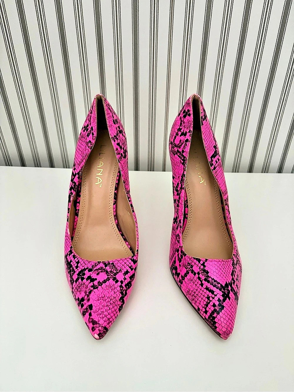LILIANA Pink & Black snake skin Pointed Toe Heels